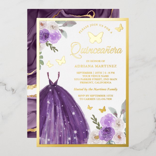Invitation En Aluminium Robe violette Papillon floral Quinceanera Or (Recto/Verso)