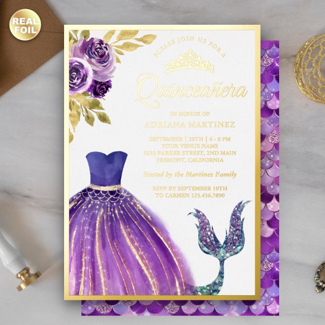 Invitation En Aluminium Robe violette Queue de sirène Quinceanera Or (Créateur téléchargé)
