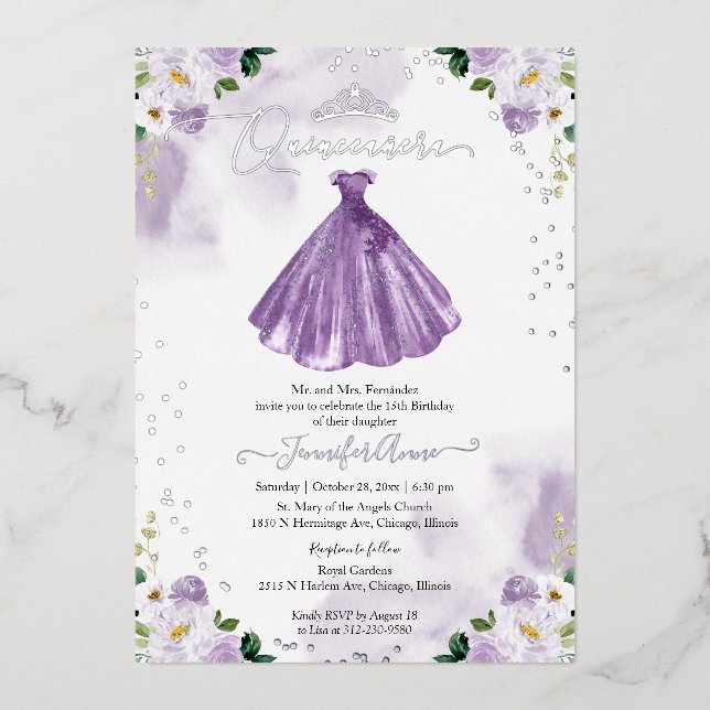 Invitation En Aluminium Robe violette Quincenera (Recto)
