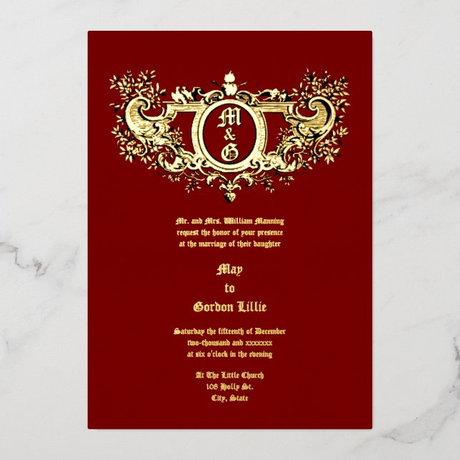 Invitation En Aluminium Rococo Baroque Cartouche Flaming Coeurs & Oiseaux (Recto)