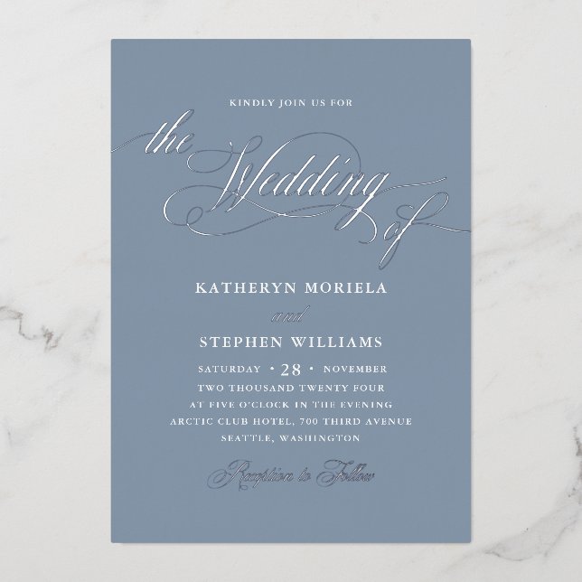 Invitation En Aluminium Roman Classic Script Calligraphie Mariage Argent (Recto)