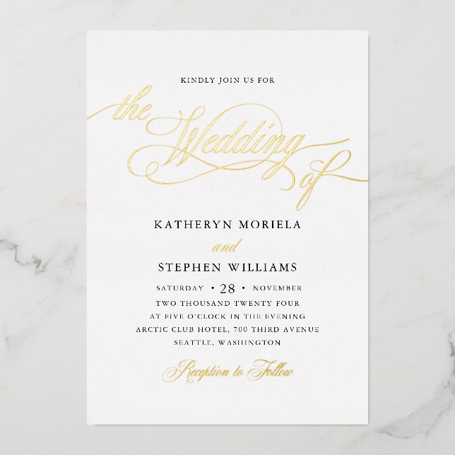 Invitation En Aluminium Roman Classic Script Calligraphie Mariage Or (Recto)