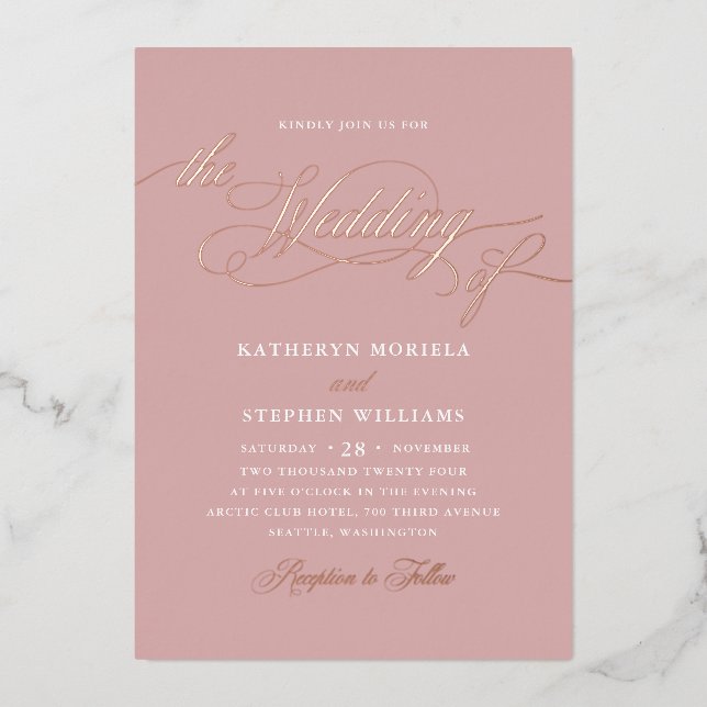 Invitation En Aluminium Roman Classic Script Calligraphie Mariage Rose Or (Recto)