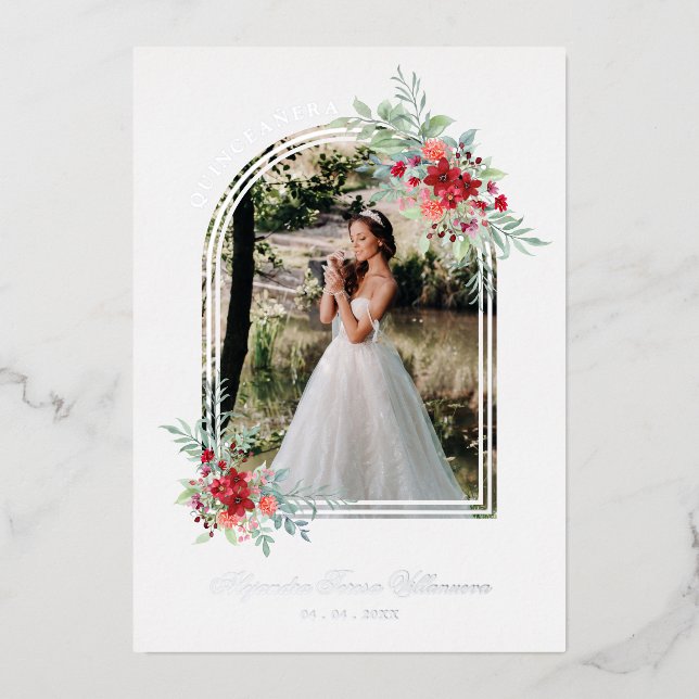 Invitation En Aluminium Romantic Arch Spanish Quinceañera Photo Floral (Recto)