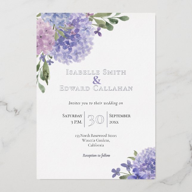 Invitation En Aluminium Romantic Dusty Blue & Lilac Watercolor Hydrangeas (Recto)