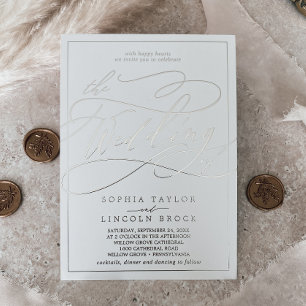 Invitation En Aluminium Romantique Argent Calligraphie sous feuille d'arge