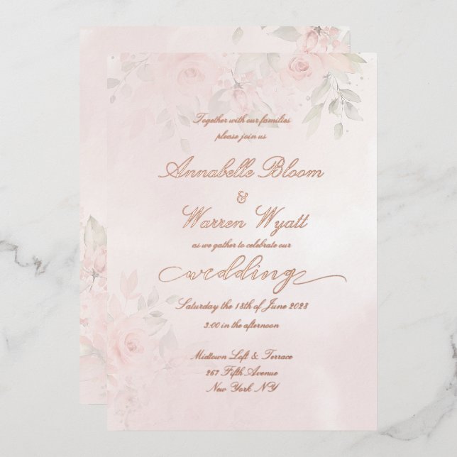 Invitation En Aluminium Romantique Blush Rose Garden 1 Avec Or Rose (Recto/Verso)
