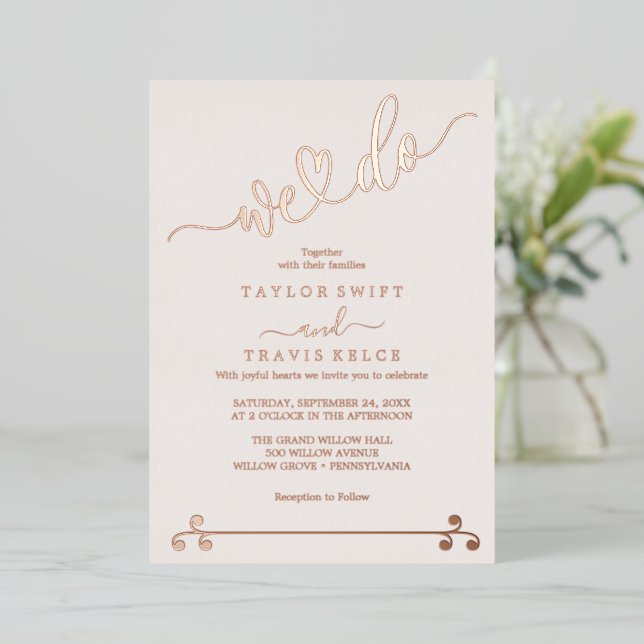 Invitation En Aluminium Romantique Blush & Rose Gold Foil "We Do" Mariage (Debout devant)