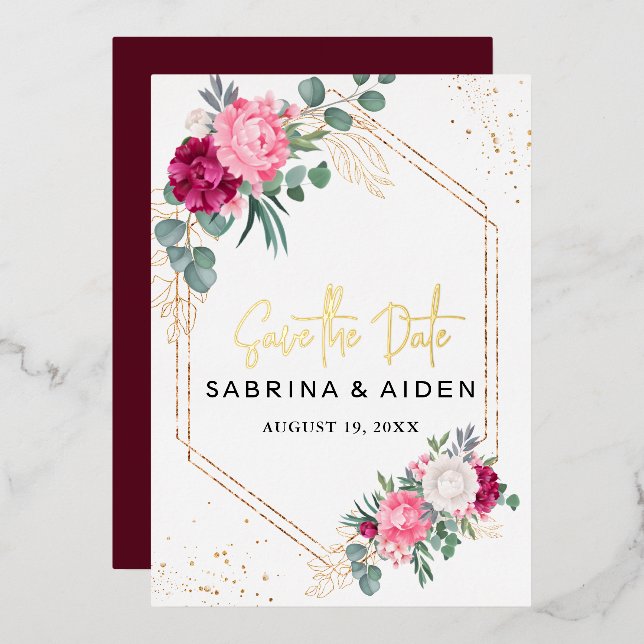 Invitation En Aluminium Romantique Bourgogne Blush Rose Floral Enregistrer (Recto/Verso)