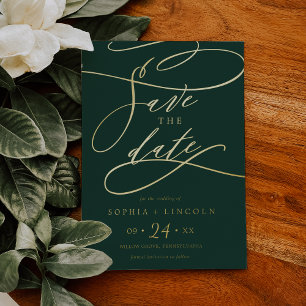 Invitation En Aluminium Romantique Gold Foil Calligraphie Vert Enregistrer