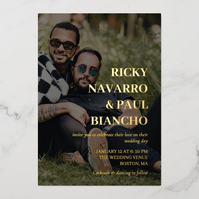 Invitation En Aluminium Romantique Photo & Fontes d'huile d'or Mariage (Recto)