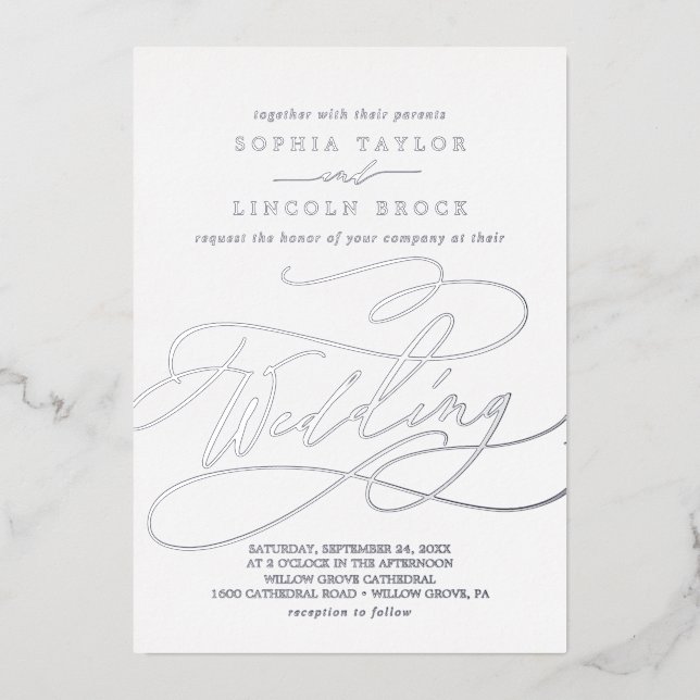 Invitation En Aluminium Romantique Silver Foil Calligraphie Flourdissant M (Recto)