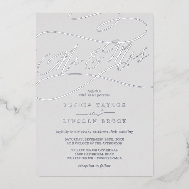Invitation En Aluminium Romantique Silver Foil Grey Mr & Mrs Mariage (Recto)