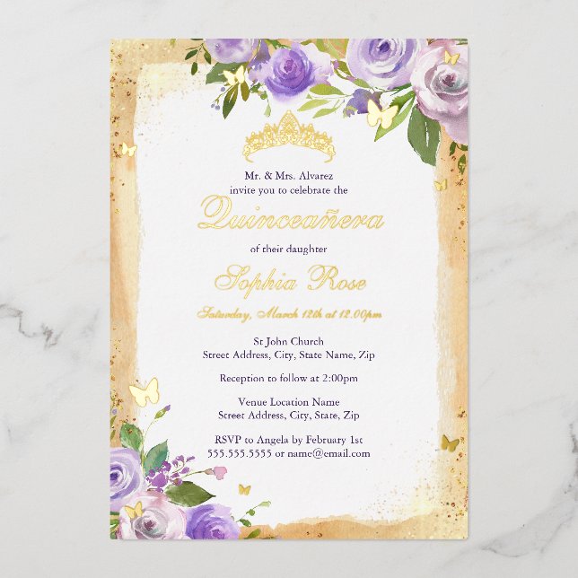 Invitation En Aluminium Rose à papillon violet or Floral Quinceanera (Recto)