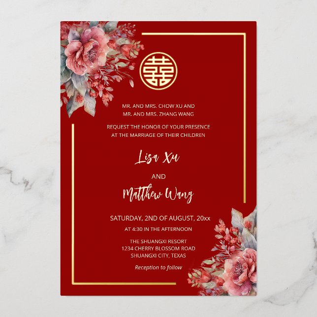 Invitation En Aluminium Rose aquarelle rouge or Mariage chinois (Recto)