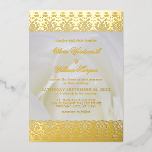 Invitation En Aluminium Rose blanche Elegant Mariage de dentelle or