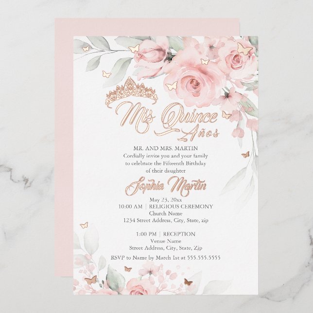Invitation En Aluminium Rose Blush Floral Rose Or Mis Quince Quinceanera (Recto/Verso)