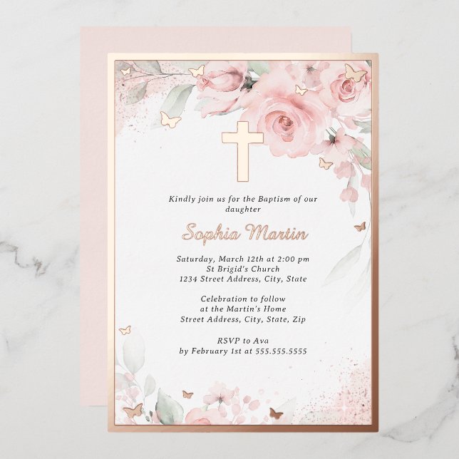 Invitation En Aluminium Rose Blush Rose Gold Cross Floral Girl Baptême (Recto/Verso)