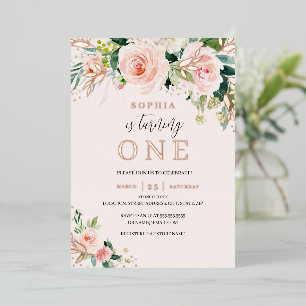 Invitation En Aluminium Rose Blush Rose Or Floral Girl 1er anniversaire