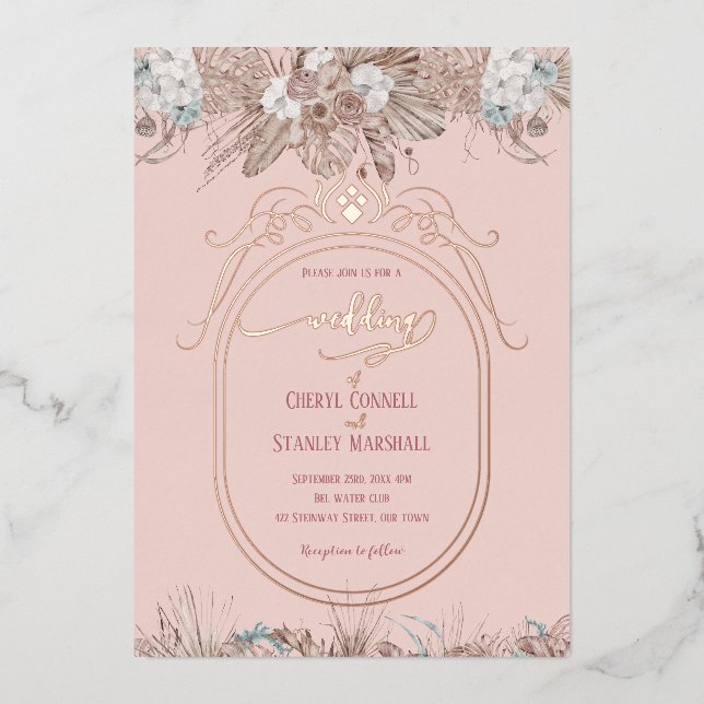 Invitation En Aluminium rose boho mariage or (Recto)