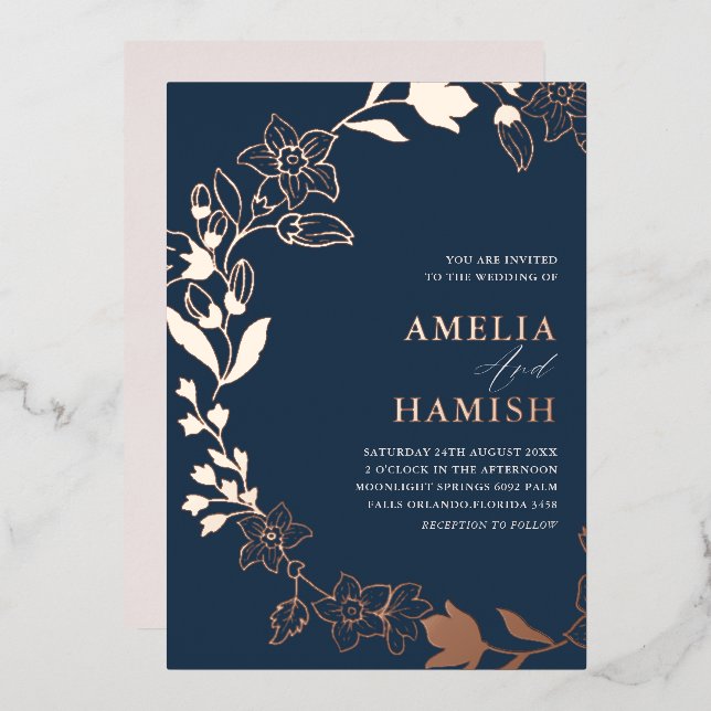 Invitation En Aluminium Rose botanique classique Gold & Mariage bleu (Recto/Verso)