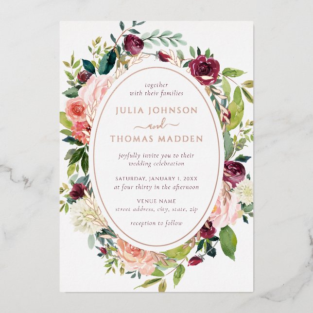 Invitation En Aluminium Rose Bourgogne Gold Floral Folial Mariage (Recto)