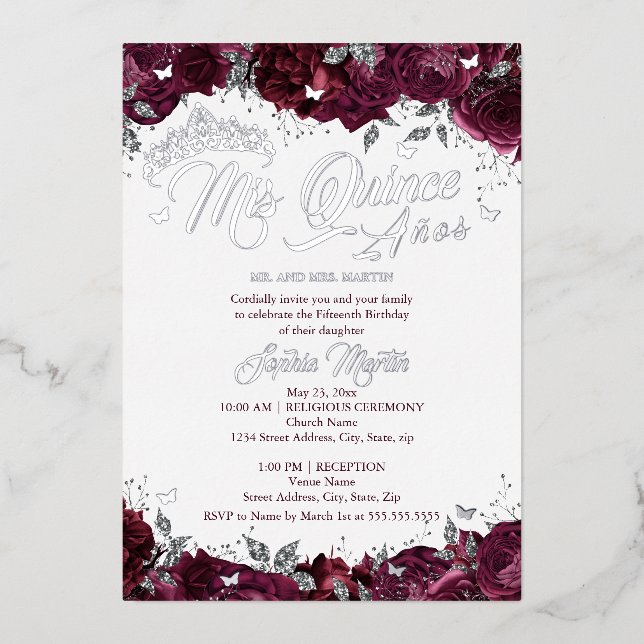 Invitation En Aluminium Rose Bourgogne Mis Quince Quinceanera (Recto)