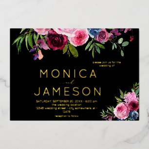 Invitation En Aluminium Rose Chaude & Bleu Marine Floral Mariage Noir