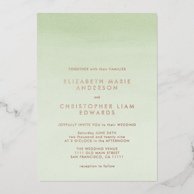 Invitation En Aluminium Rose d'aquarelle Sage Green Ombre Mariage d'or (Recto)