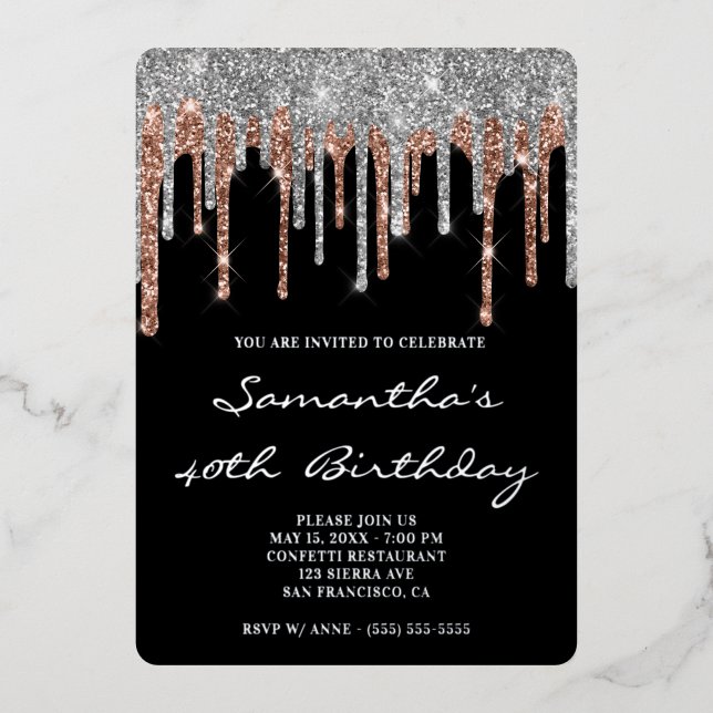 Invitation En Aluminium Rose d'argent Parties scintillant or Drip 40e anni (Recto)