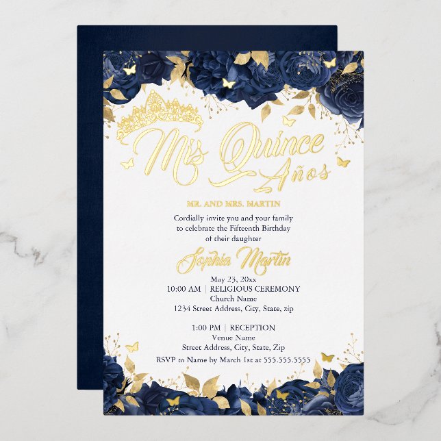 Invitation En Aluminium Rose de la Marine d'or Mis Quince Quinceanera (Recto/Verso)