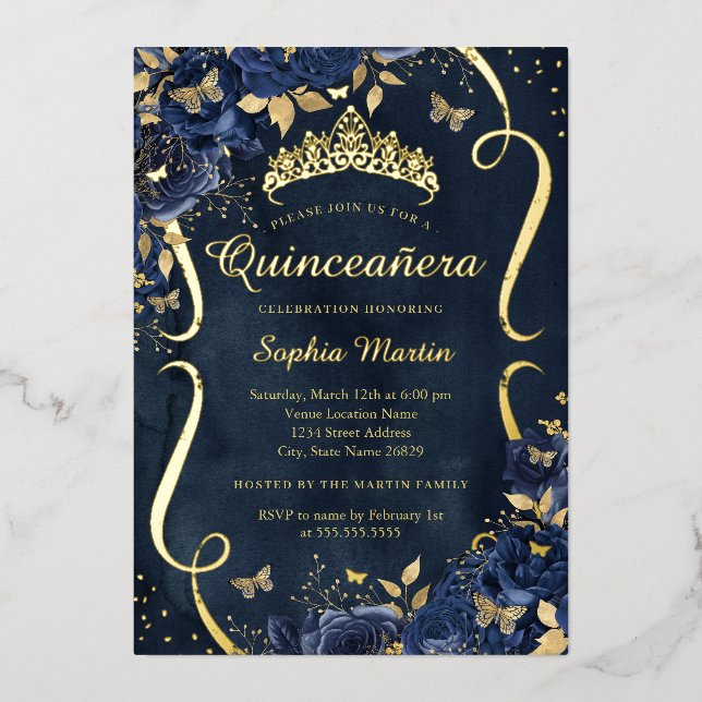 Invitation En Aluminium Rose de la marine Floral Butterfly Tiara Quinceane (Recto)