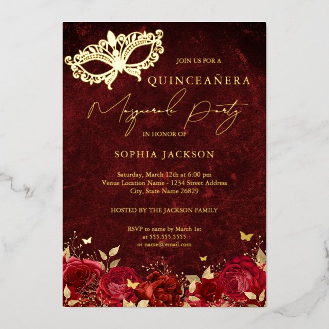 Invitation En Aluminium Rose de la Masquerade Masquerade Mask Rouge Quince (Recto)