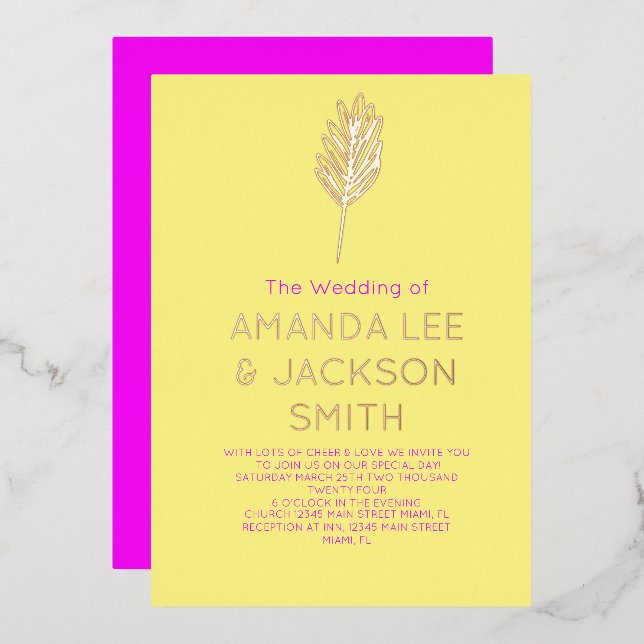 Invitation En Aluminium Rose de Mariage de feuille rose vif jaune (Recto/Verso)