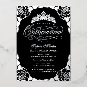 Invitation En Aluminium Rose de Quinceanera élégante à l'écriture argent n