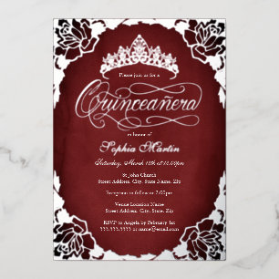 Invitation En Aluminium Rose de script élégant en argent rouge Quinceanera