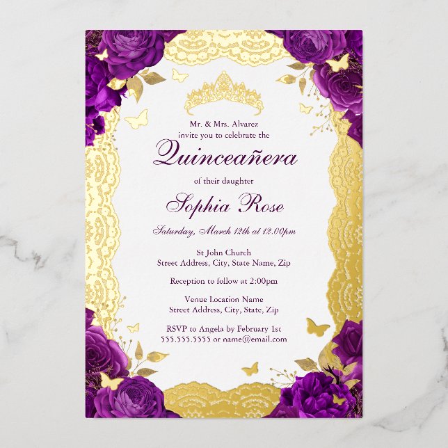 Invitation En Aluminium Rose dentelle papillon pourpre Quinceanera Anniver (Recto)