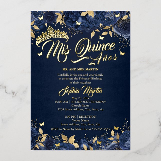 Invitation En Aluminium Rose d'or de la Marine Mis Quince Quinceanera (Recto)