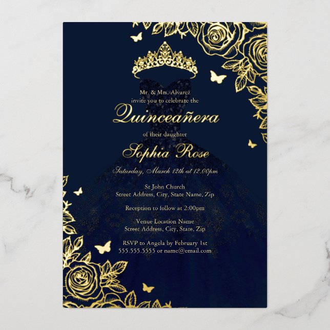 Invitation En Aluminium Rose d'or de la Marine Quinceanera (Recto)
