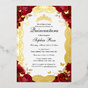 Invitation En Aluminium Rose d'or rouge dentelle papillon Quinceanera Anni