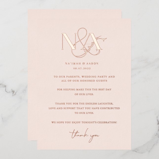 Invitation En Aluminium Rose Doré | Merci de table Mariage (Recto/Verso)