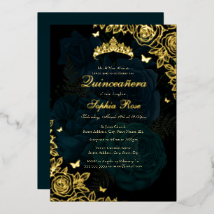 Invitation En Aluminium Rose élégante sarcelle bleue or Quinceanera