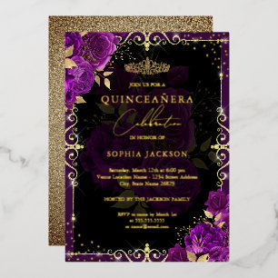 Invitation En Aluminium Rose élégante violette et or pour Quinceanera