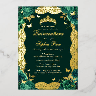 Invitation En Aluminium Rose émeraude dentelle papillon Quinceanera Annive