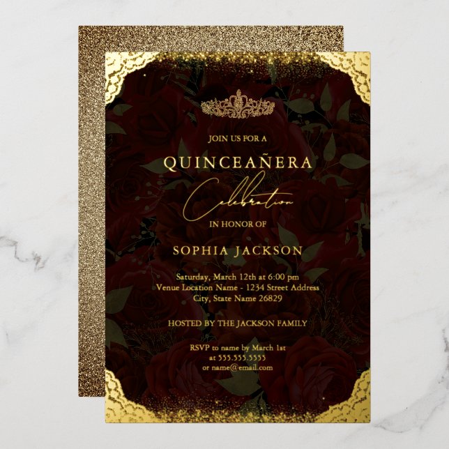 Invitation En Aluminium Rose en or rouge Tiara Quinceanera (Recto/Verso)