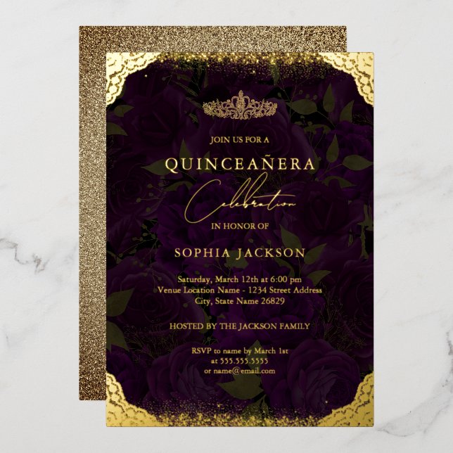 Invitation En Aluminium Rose en or violet Tiara Quinceanera (Recto/Verso)