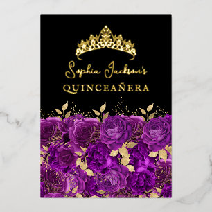 Invitation En Aluminium Rose Fleurie Quinceanera Violet Or