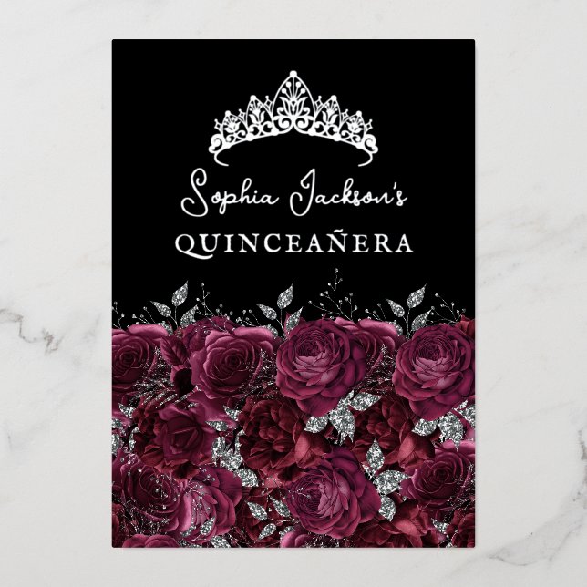 Invitation En Aluminium Rose floral argenté de Bourgogne Quinceanera (Recto)