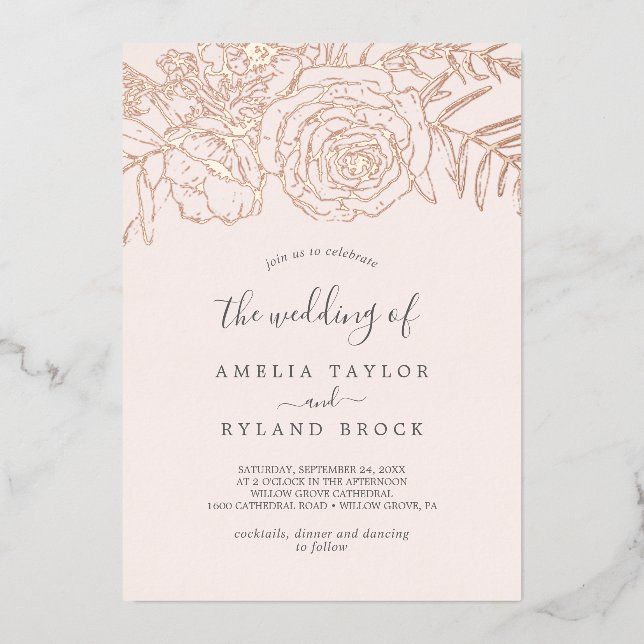 Invitation En Aluminium Rose Floral Doré Blush Le Mariage De (Recto)