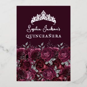 Invitation En Aluminium Rose floral en Bourgogne argenté Quinceanera